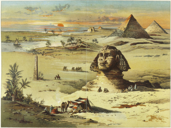 Giseh, Sphinx u.Pyramiden / Farblitho. - Giza / Sphinx a.Pyramids / Col.Litho. -